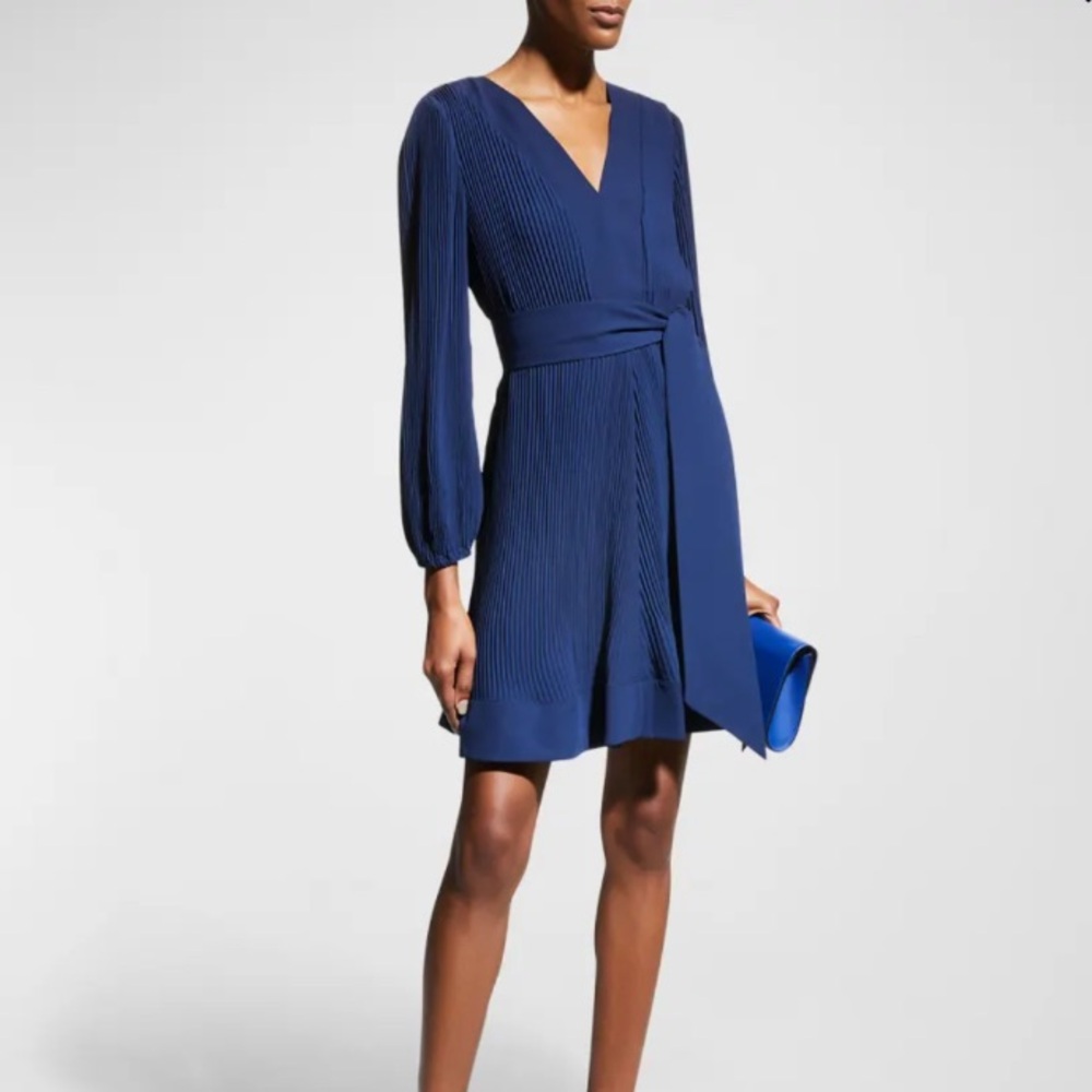 NWT Milly Liv Pleated Mini Dress with Tie Waist Belt Cobalt Navy Blue V-Neck